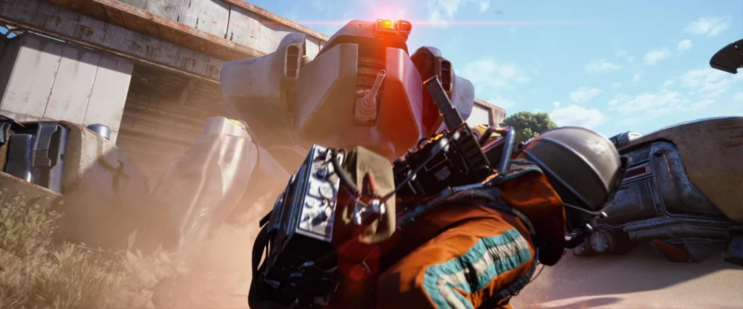 ARC Raiders screenshot showing a Bastion ARC towering over a crouched raider in an industrial outdoor area.