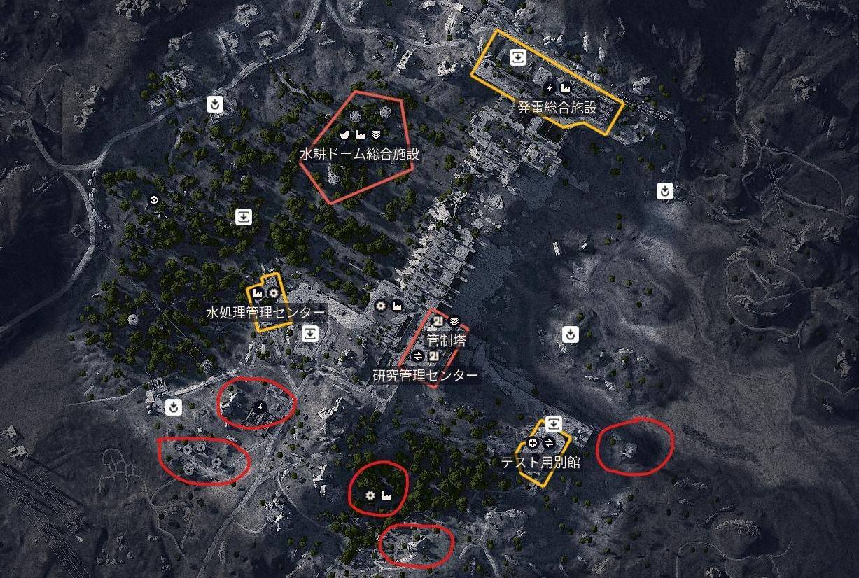 ARC Raiders map showing key solo loot resource locations marked with red and yellow circles for gathering materials in low-traffic areas.