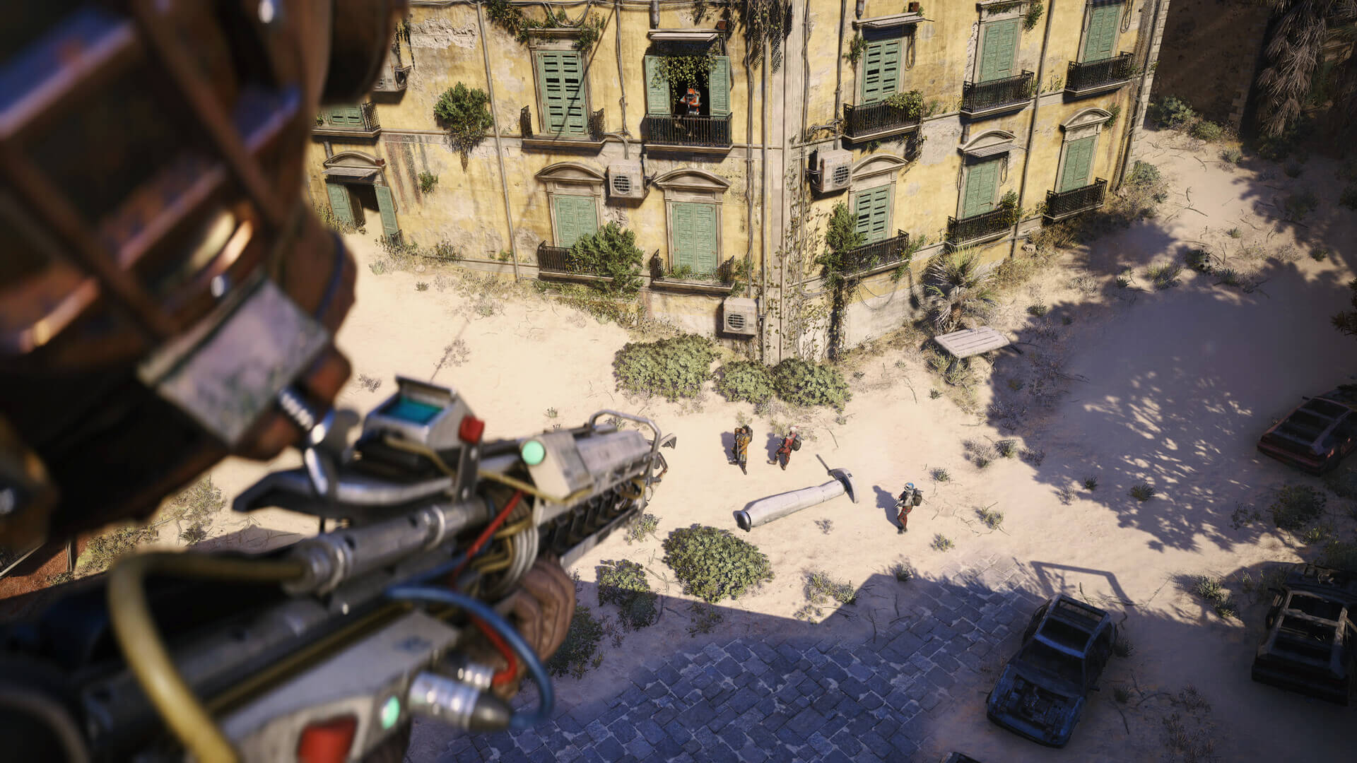 ARC Raiders top-down gameplay showing tactical combat in post-apocalyptic urban environment