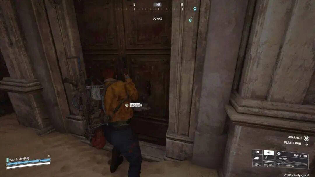 Player breaching the barricaded door at Piazza Arbusto in Arc Raiders, preparing to enter the pharmacy.